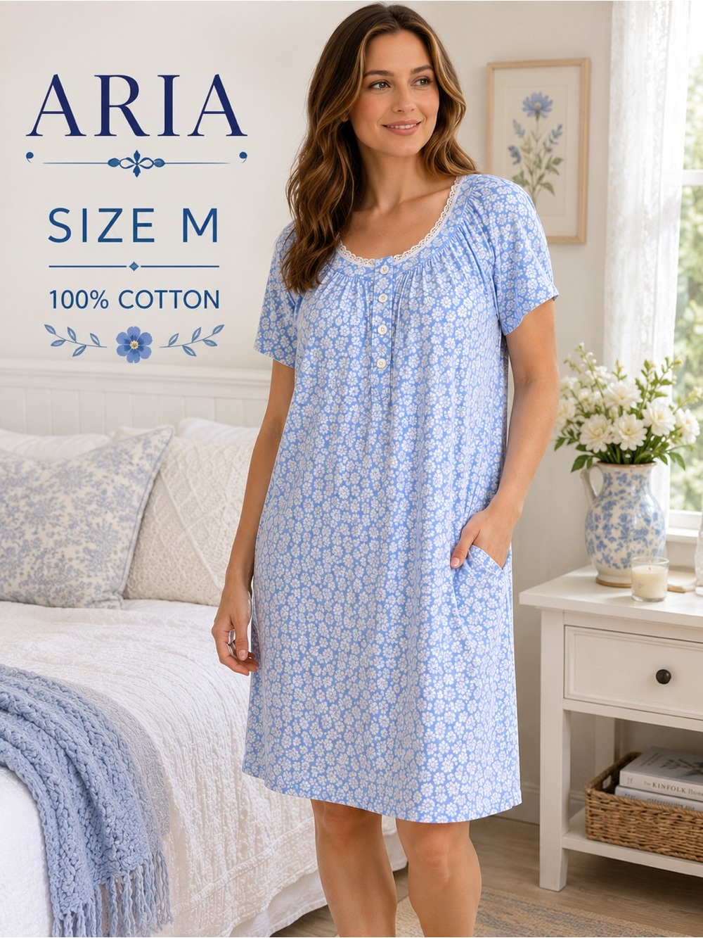 Aria Collection Blue Floral Cotton Nightgown Size M Lace Trim Sleep Shirt